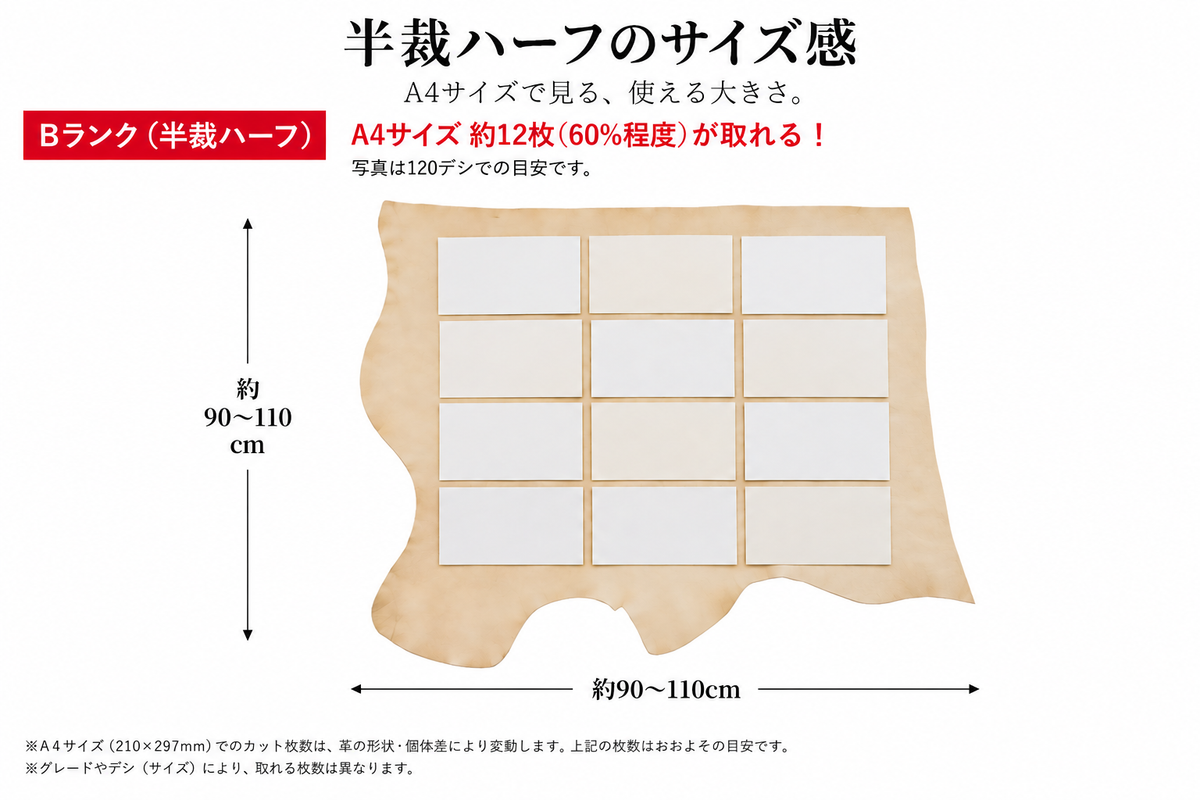 ヌメ革 タンロー 半裁ハーフ【ナチュラル素肌】(旧:Bランク)